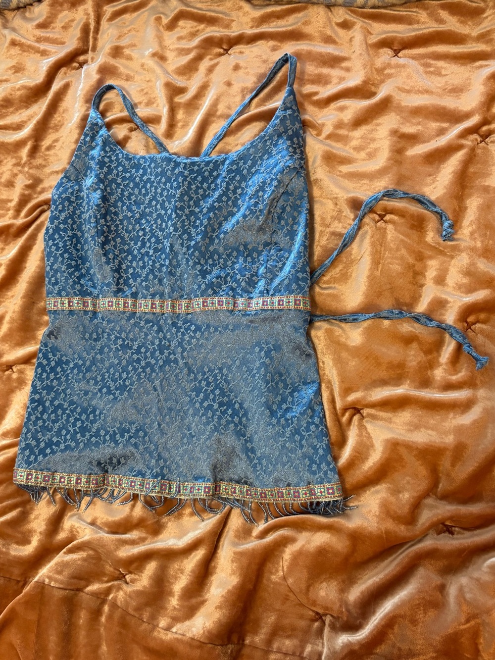 Vintage Y2K Apron Blouse Blue Lace-Detail Backless Top with Embellished Trim